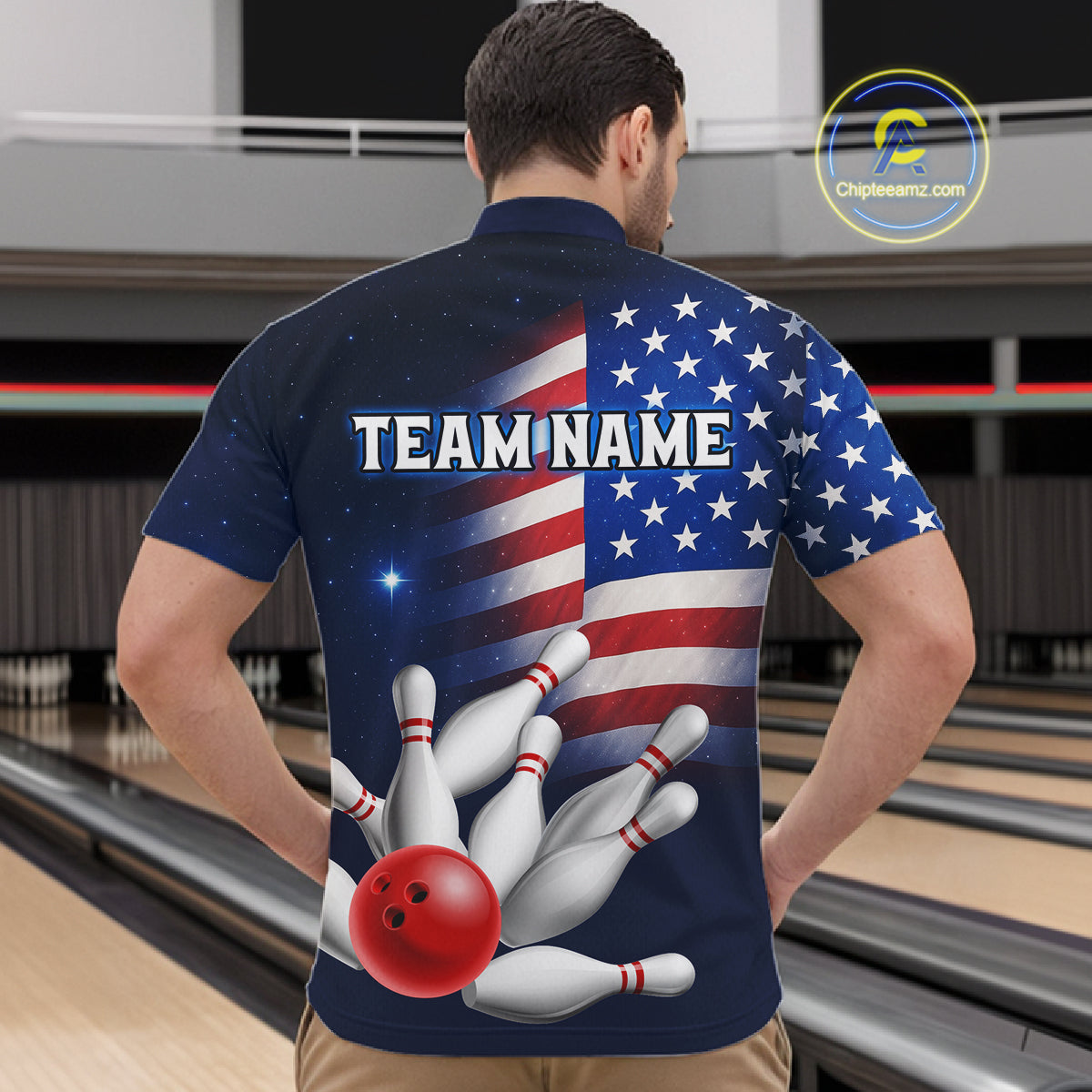 Custom US Flag Galaxy Bowling Jersey for Men Bowling Team Shirts Bowling Polo & 1/4 Zip HNT169