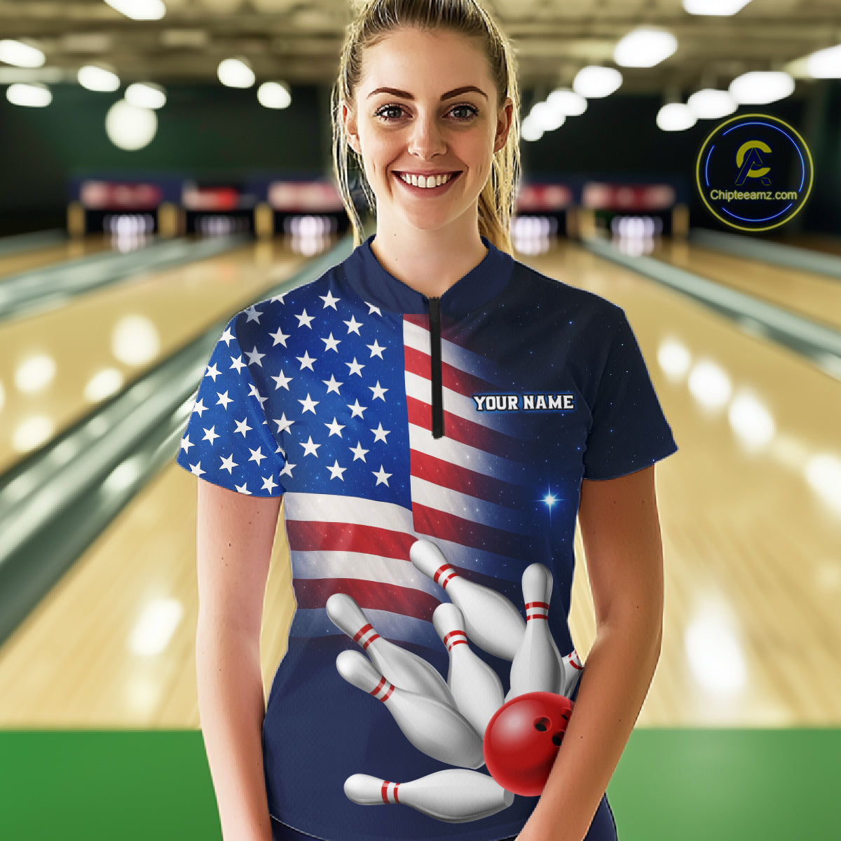 Custom US Flag Galaxy Bowling Jersey for Women Bowling Team Shirts Bowling Polo & 1/4 Zip HNT169