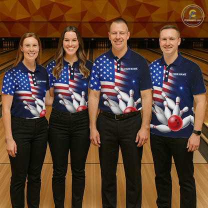 Custom US Flag Galaxy Bowling Jersey for Men Bowling Team Shirts Bowling Polo & 1/4 Zip HNT169