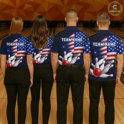 Custom US Flag Galaxy Bowling Jersey for Men Bowling Team Shirts Bowling Polo & 1/4 Zip HNT169
