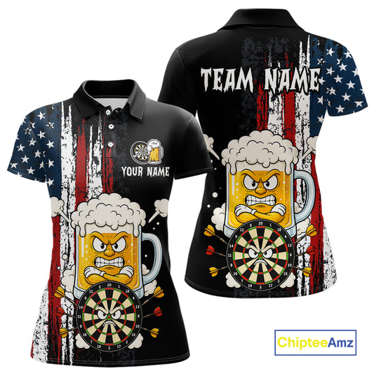 Black polo shirt with American flag design featuring beer mugs and darts, customizable text on a white background.