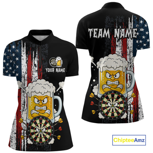 Black polo shirt with American flag design, beer mug with darts, and 'Team Name' text on a white background.