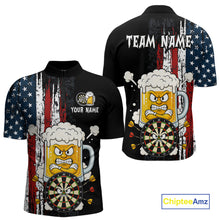 Load image into Gallery viewer, Black quarter zip shirt with American flag design featuring beer mugs and darts, customizable text on a white background.
