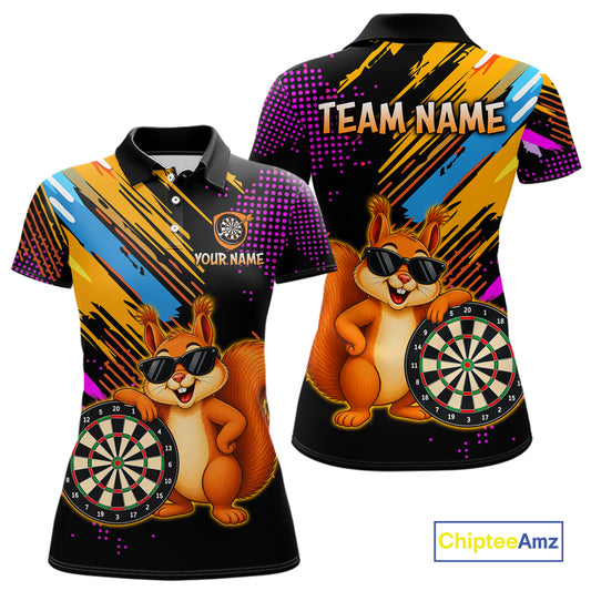 Polo shirt with a cartoon squirrel holding a dartboard, customizable text, and Chiptee Amz branding.