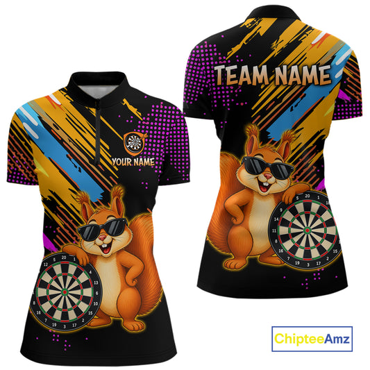 Colorful polo shirt with a squirrel and dart design, featuring customizable text on a white background.