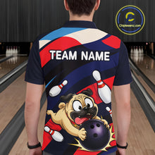 Load image into Gallery viewer, Man wearing a navy, red, and white bowling polo featuring a cartoon pug holding a purple bowling ball, pins, and custom your name text.