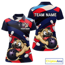 Load image into Gallery viewer, Front and back views of a navy, red, and white bowling polo featuring a cartoon pug holding a purple bowling ball, pins, and custom team text.