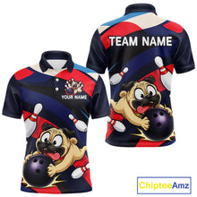 Load image into Gallery viewer, Front and back views of a navy, red, and white bowling polo featuring a cartoon pug holding a purple bowling ball, pins, and custom team text.