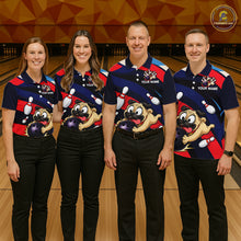 Load image into Gallery viewer, Four people wearing navy, red, and white bowling polo featuring a cartoon pug holding a purple bowling ball, pins, and custom team text.