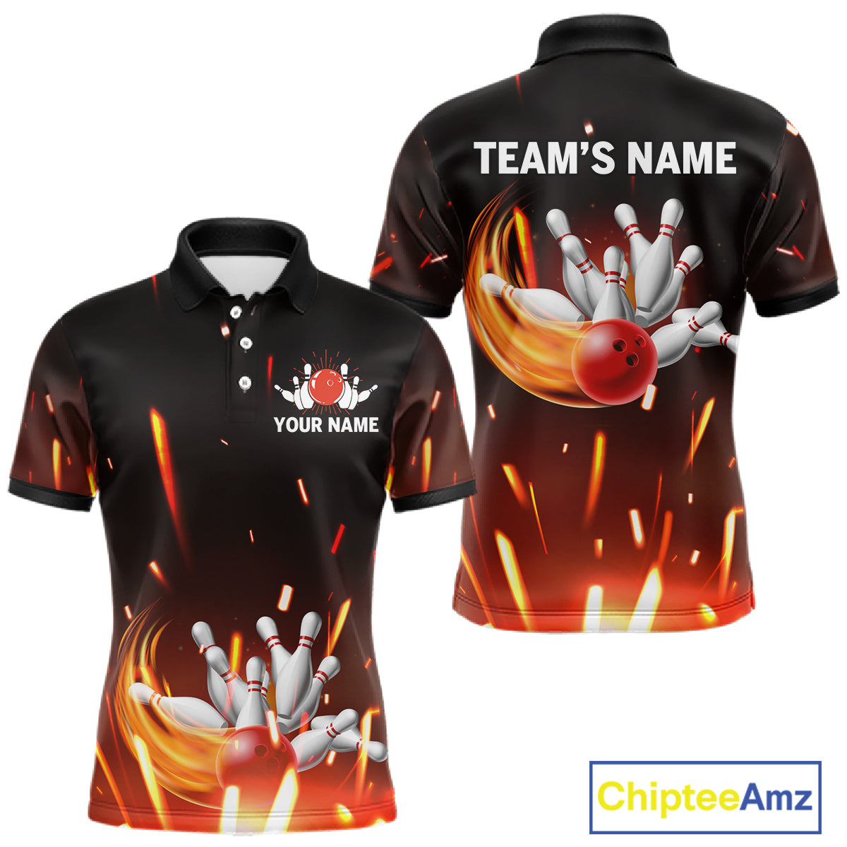 Custom Orange Flame Bowling Jersey for Men Bowling Team Shirts Polo & 1/4 Zip Bowling League HNT502