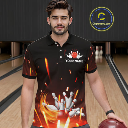Custom Orange Flame Bowling Jersey for Men Bowling Team Shirts Polo & 1/4 Zip Bowling League HNT502