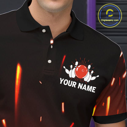 Custom Orange Flame Bowling Jersey for Men Bowling Team Shirts Polo & 1/4 Zip Bowling League HNT502