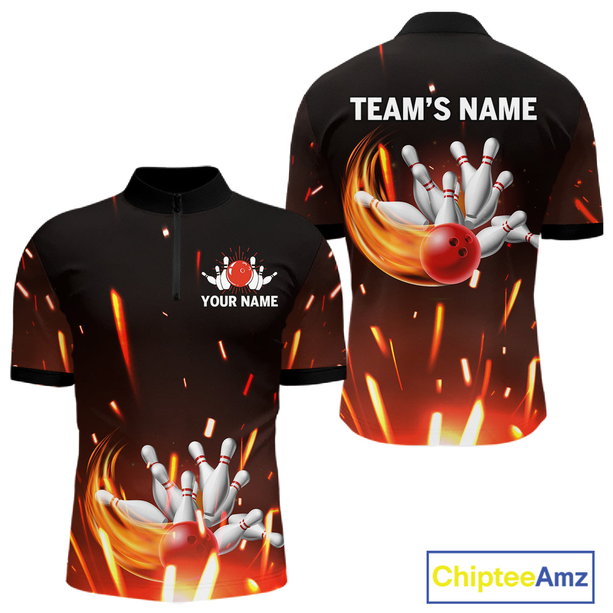 Custom Orange Flame Bowling Jersey for Men Bowling Team Shirts Polo & 1/4 Zip Bowling League HNT502