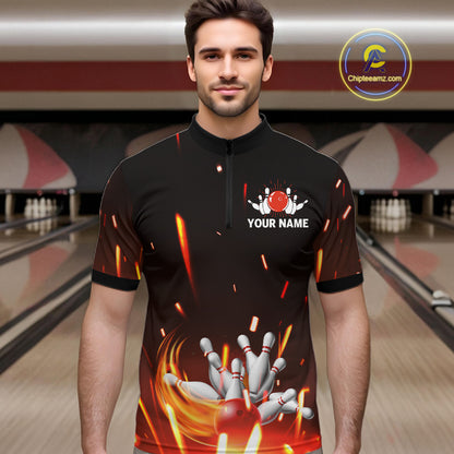 Custom Orange Flame Bowling Jersey for Men Bowling Team Shirts Polo & 1/4 Zip Bowling League HNT502