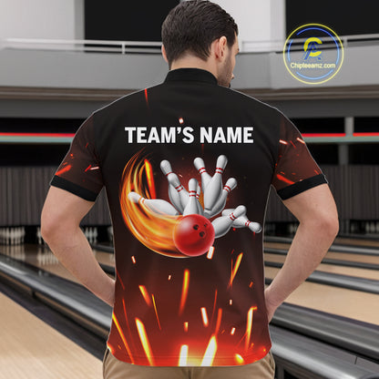 Custom Orange Flame Bowling Jersey for Men Bowling Team Shirts Polo & 1/4 Zip Bowling League HNT502