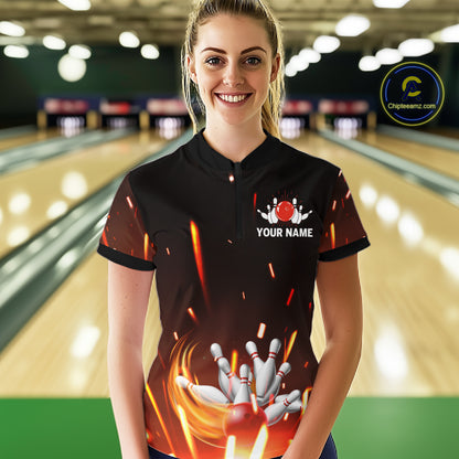 Custom Orange Flame Bowling Jersey for Women Bowling Team Shirts Polo & 1/4 Zip Bowling League HNT502