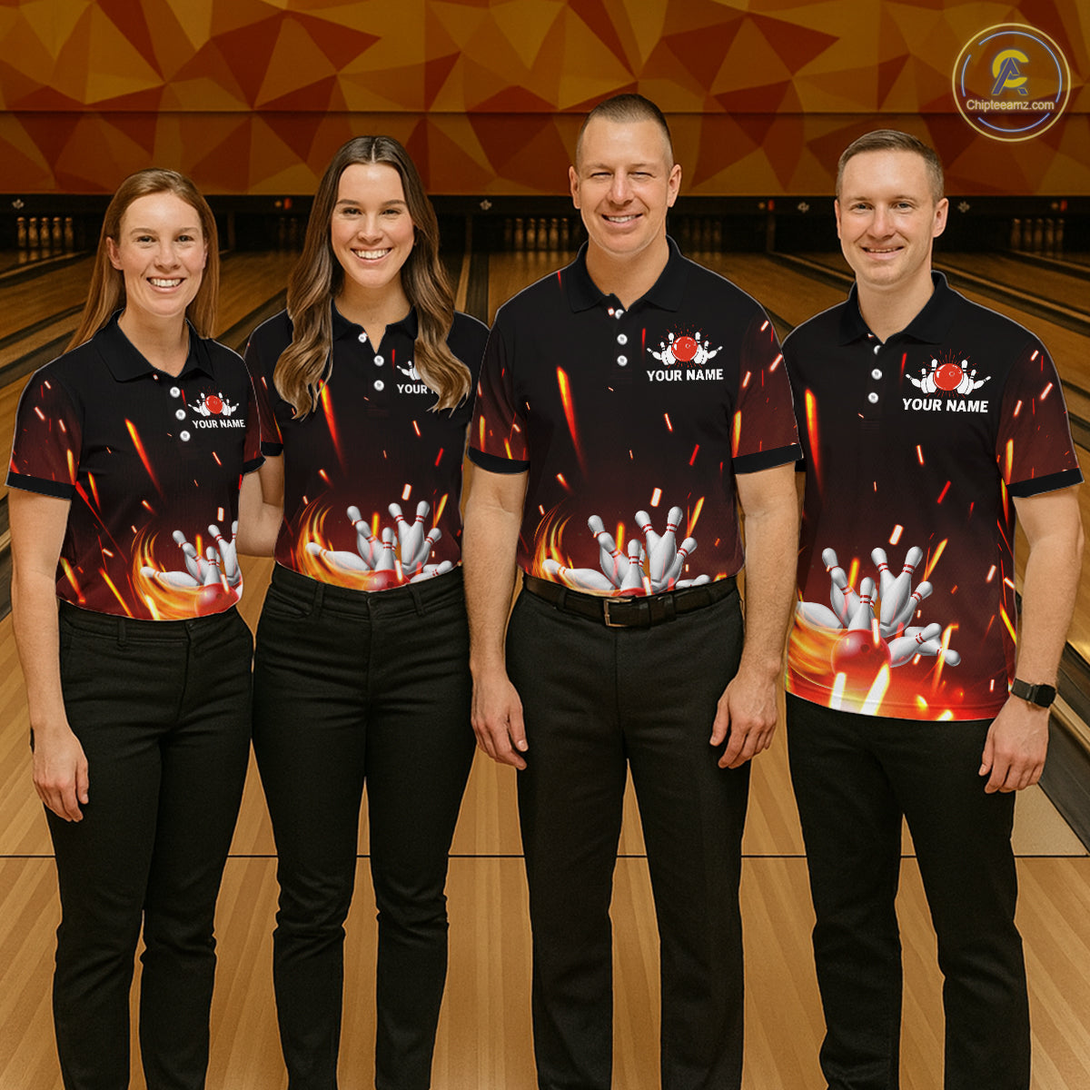 Custom Orange Flame Bowling Jersey for Women Bowling Team Shirts Polo & 1/4 Zip Bowling League HNT502