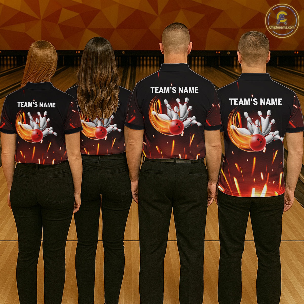 Custom Orange Flame Bowling Jersey for Women Bowling Team Shirts Polo & 1/4 Zip Bowling League HNT502