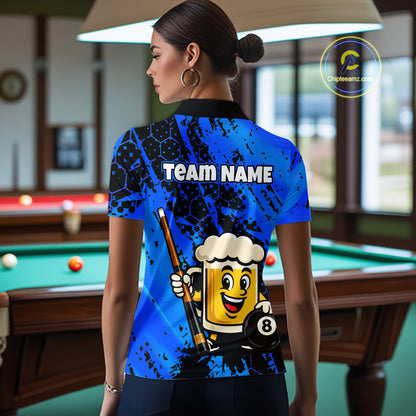 Custom Funny Blue Beer 8 Ball Pool Billiard Shirt for Women Polo & 1/4 Zip, Billiard Team Jerseys NNT147