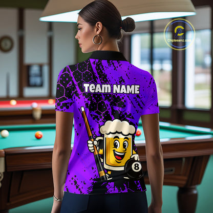 Custom Funny Purple Beer 8 Ball Pool Billiard Shirt for Women Polo & 1/4 Zip, Billiard Team Jerseys NNT147