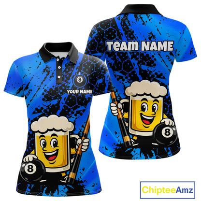 Custom Funny Blue Beer 8 Ball Pool Billiard Shirt for Women Polo & 1/4 Zip, Billiard Team Jerseys NNT147