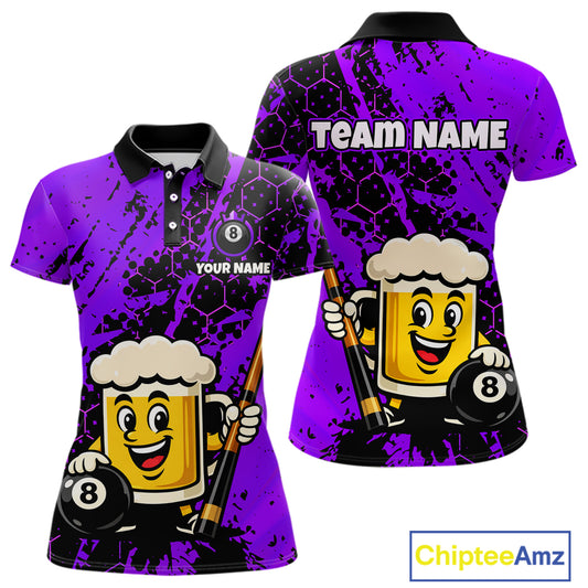 Custom Funny Purple Beer 8 Ball Pool Billiard Shirt for Women Polo & 1/4 Zip, Billiard Team Jerseys NNT147