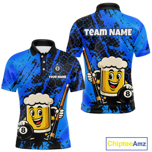 Custom Funny Blue Beer 8 Ball Pool Billiard Shirt for Men Polo & 1/4 Zip, Billiard Team Jerseys NNT147