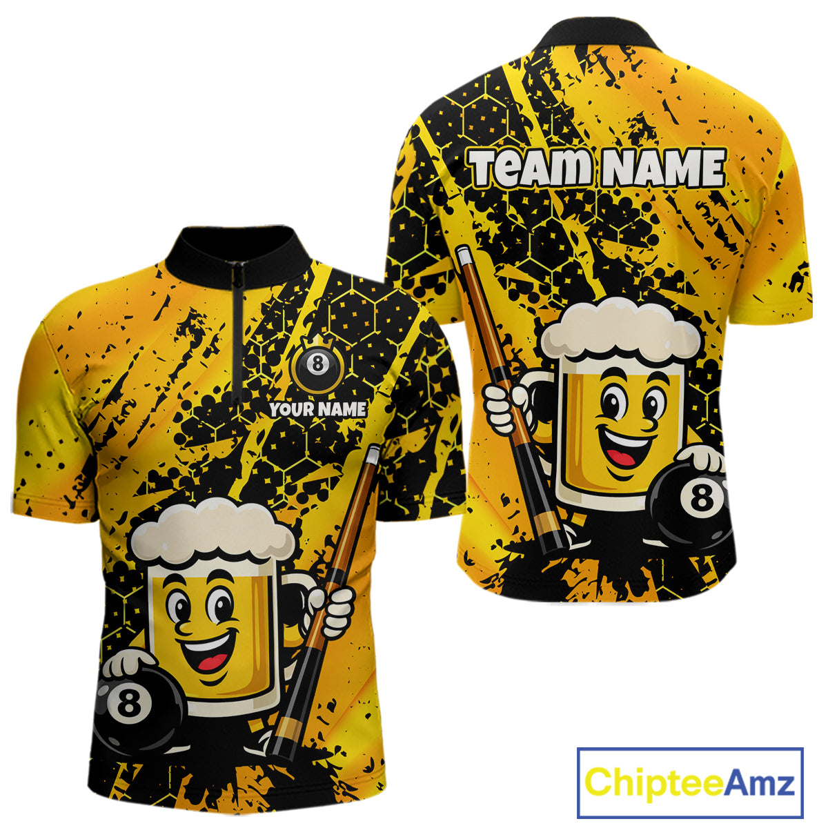 Custom Funny Yellow Beer 8 Ball Pool Billiard Shirt for Men Polo & 1/4 Zip, Billiard Team Jerseys NNT147