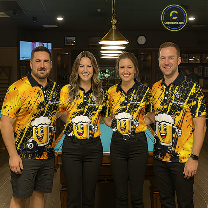 Custom Funny Yellow Beer 8 Ball Pool Billiard Shirt for Men Polo & 1/4 Zip, Billiard Team Jerseys NNT147