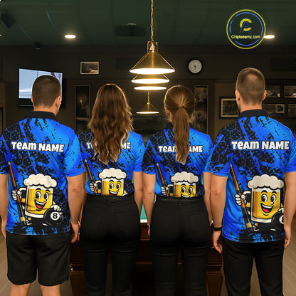 Custom Funny Blue Beer 8 Ball Pool Billiard Shirt for Men Polo & 1/4 Zip, Billiard Team Jerseys NNT147