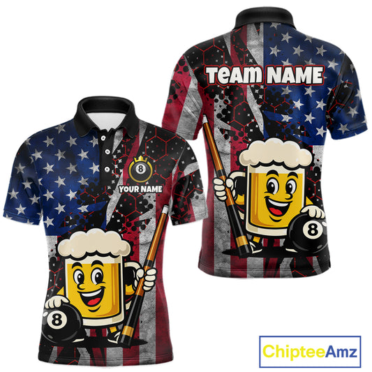 Custom Funny US Flag Beer 8 Ball Pool Billiard Shirt for Men Polo & 1/4 Zip, Billiard Team Jerseys NNT147