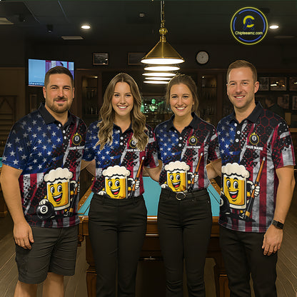 Custom Funny US Flag Beer 8 Ball Pool Billiard Shirt for Men Polo & 1/4 Zip, Billiard Team Jerseys NNT147