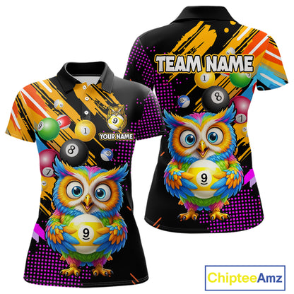 Custom Funny Colorful Owl 9 Ball Pool Billiard Shirt for Women Billiard Team Jersey Polo & 1/4 Zip NNT156