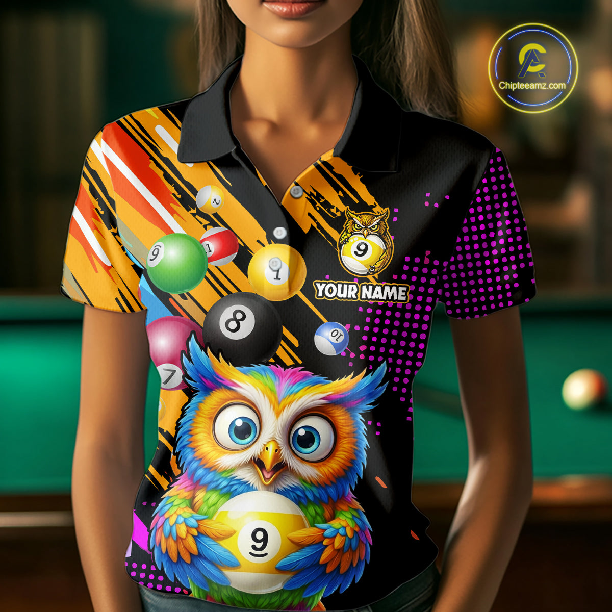 Custom Funny Colorful Owl 9 Ball Pool Billiard Shirt for Women Billiard Team Jersey Polo & 1/4 Zip NNT156