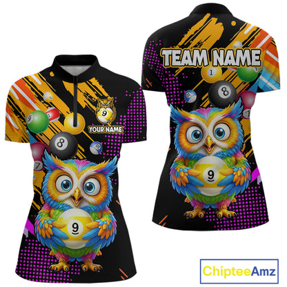 Custom Funny Colorful Owl 9 Ball Pool Billiard Shirt for Women Billiard Team Jersey Polo & 1/4 Zip NNT156