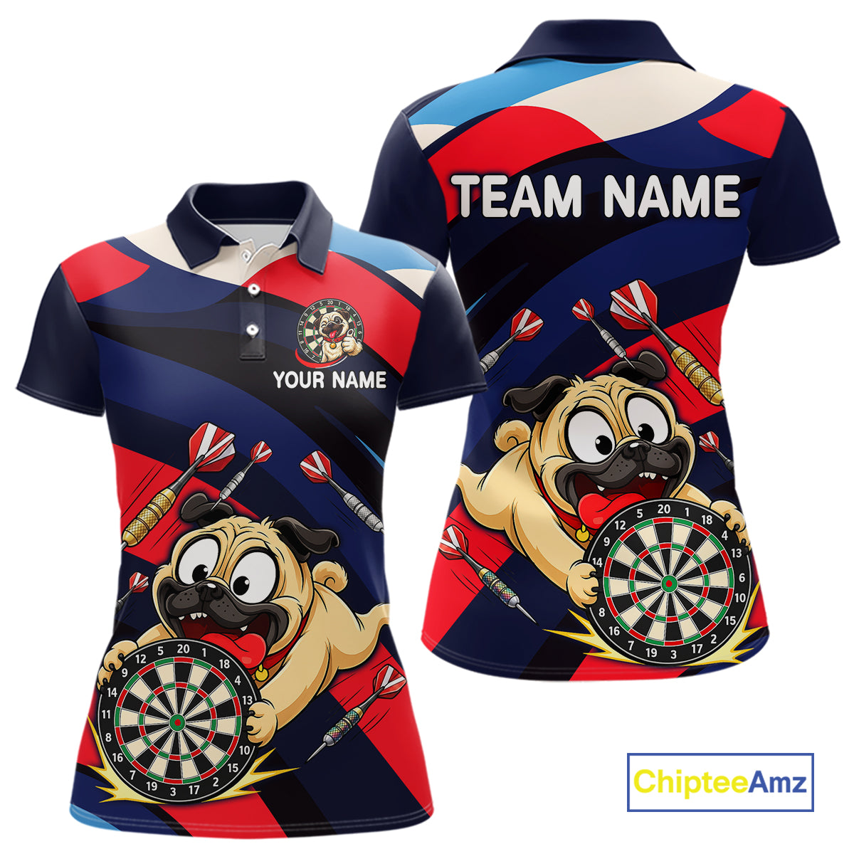 Front and back views of a navy, red, and white darts polo featuring a cartoon pug holding a dartboard, flying darts, and custom team text.