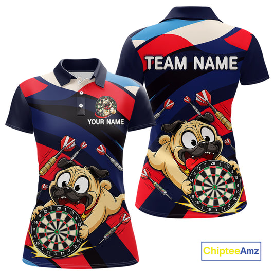Front and back views of a navy, red, and white darts polo featuring a cartoon pug holding a dartboard, flying darts, and custom team text.