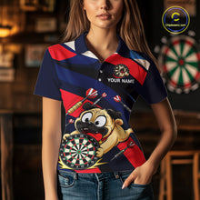 Load image into Gallery viewer, Person wearing a navy, red, and white darts polo featuring a cartoon pug holding a dartboard, flying darts, and custom team text.