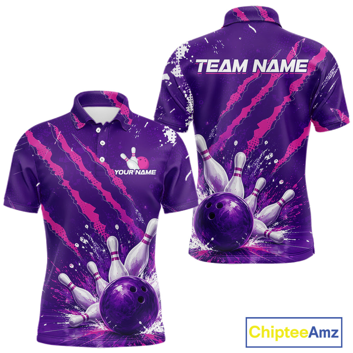 Custom bowling-themed short-sleeve polo shirt shown from the front and back on a white background. The shirt features a purple and pink paint-splatter design with a graphic of a bowling ball and pins, customizable text reading 'YOUR NAME' on the chest and 'TEAM NAME' on the back, with a 'ChipteeAmz' logo in the bottom right corner.