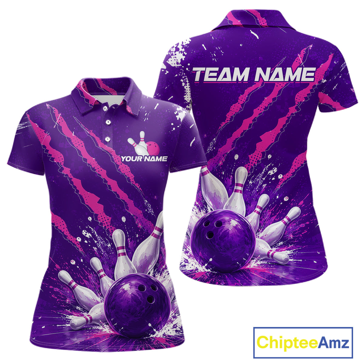A women's short-sleeve polo shirt shown from the front and back on a white background. The shirt features a vibrant purple and pink bowling-themed graphic print with bowling pins, a bowling ball, and customizable text placeholders 'YOUR NAME' on the front chest and 'TEAM NAME' on the back.