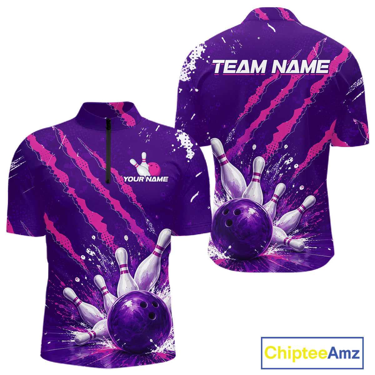 A purple and pink bowling-themed short-sleeve quarter-zip shirt shown from both front and back. The front features a bowling ball and pins graphic near the hem, and the back has 'TEAM NAME' printed across the shoulders.