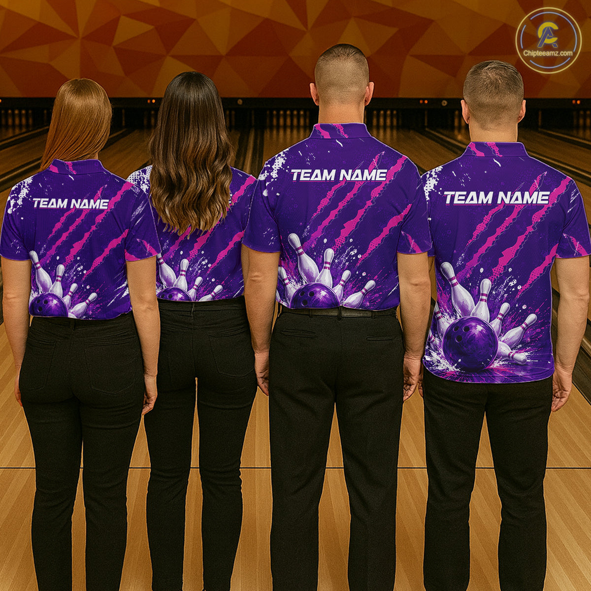 Four people standing from the back in a bowling alley, wearing matching purple and pink bowling-themed short-sleeve shirts with 'TEAM NAME' printed on the upper back and black pants.