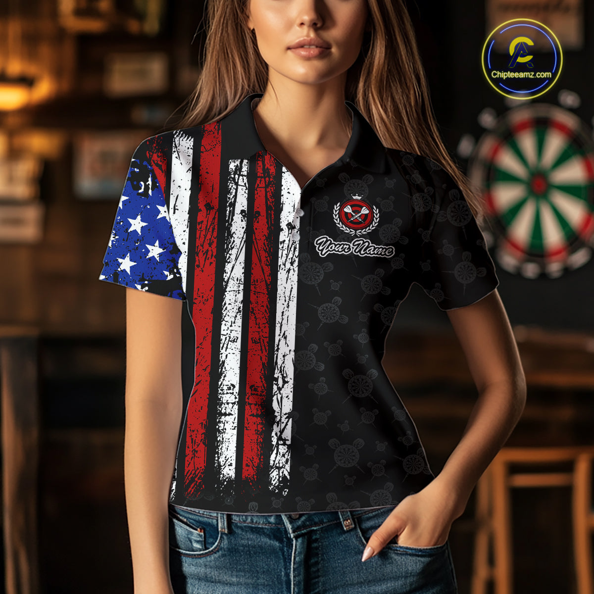 Custom US Flag Dart Shirts For Women Dart Board Shirts Polo & 1/4 Zip Dart Jersey Team NNT125