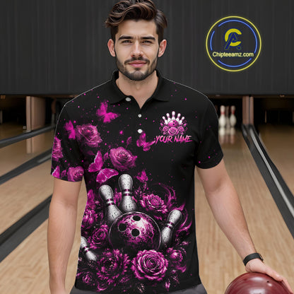 Men’s pink rose butterfly bowling polo shirt, front view on male model in bowling lane 