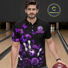 Load image into Gallery viewer, Men’s purple rose butterfly bowling polo shirt, front view on male model in bowling lane 
