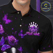 Load image into Gallery viewer, Men’s purple rose butterfly bowling polo shirt with custom name, angled front view showing custom team design 
