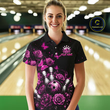 Load image into Gallery viewer, Women’s pink rose butterfly bowling polo shirt, front view on female model in bowling lane 