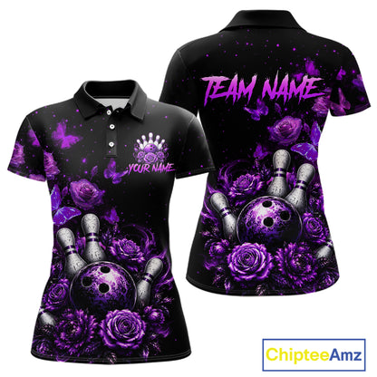 Custom purple rose butterfly bowling jersey for women, personalized team bowling polo shirt front view and back view