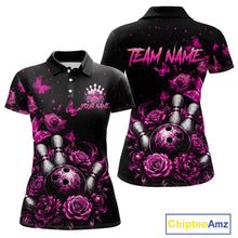 Load image into Gallery viewer, Custom pink rose butterfly bowling jersey for women, personalized team bowling polo shirt front view and back view