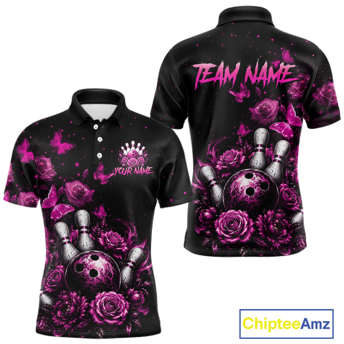 Custom pink rose butterfly bowling jersey for men, personalized team bowling polo shirt front view and back view